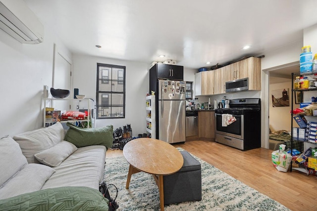 118 Kingsland Ave Unit 1, New York City, NY 11222 - living room with a wall mounted air conditioner, light wood-style flooring, and recessed lighting