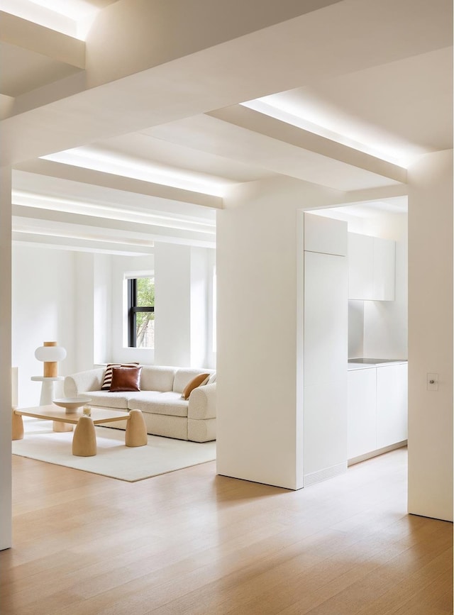 unfurnished living room with a raised ceiling and light wood-style floors