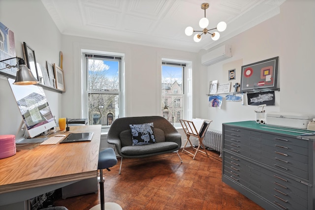 office space with radiator heating unit, a wall mounted AC, and a notable chandelier