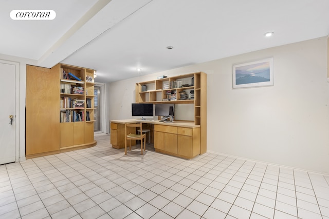 office space with recessed lighting, beamed ceiling, visible vents, and built in study area