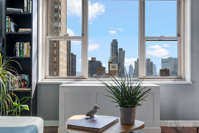 interior details with a city view and baseboards