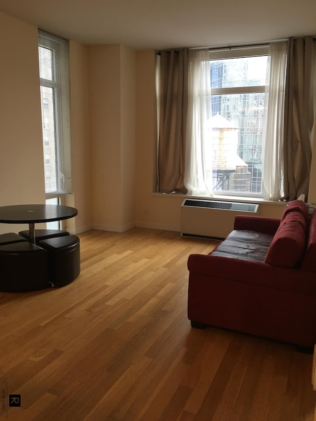 interior space with baseboards, radiator heating unit, and light wood-style floors