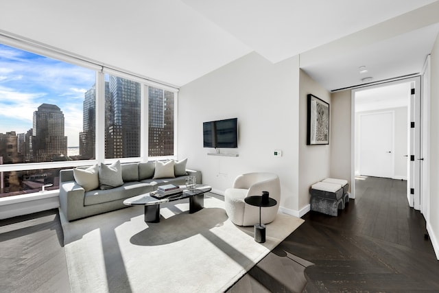 living room with baseboards and a city view
