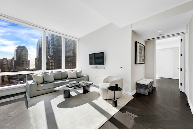 living room featuring a view of city and baseboards