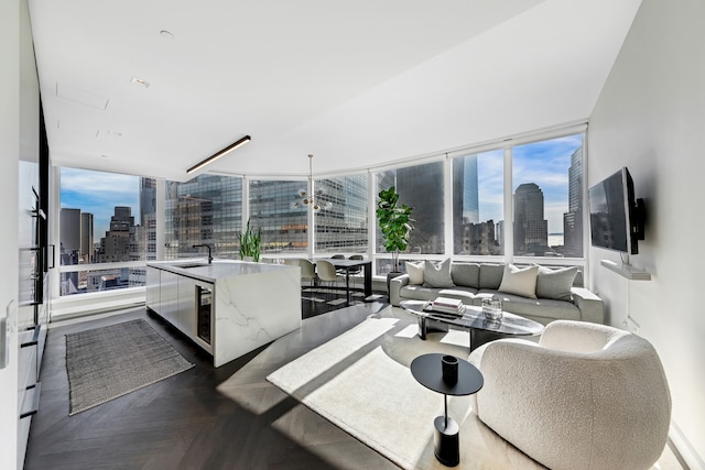 living room with floor to ceiling windows