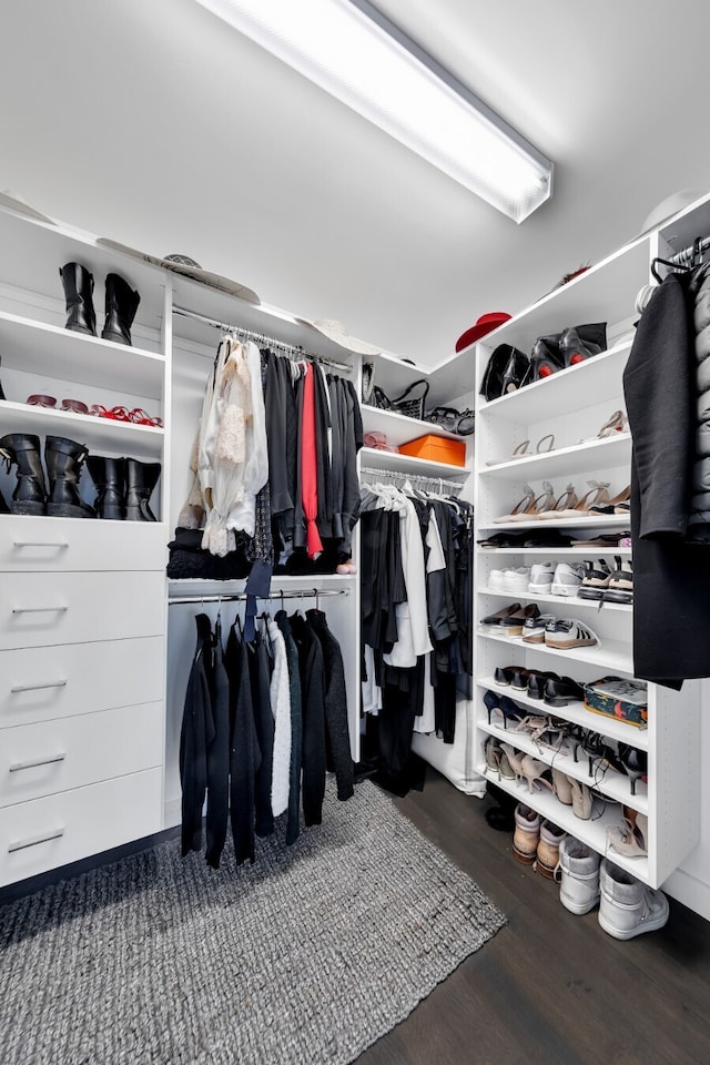 walk in closet with wood finished floors