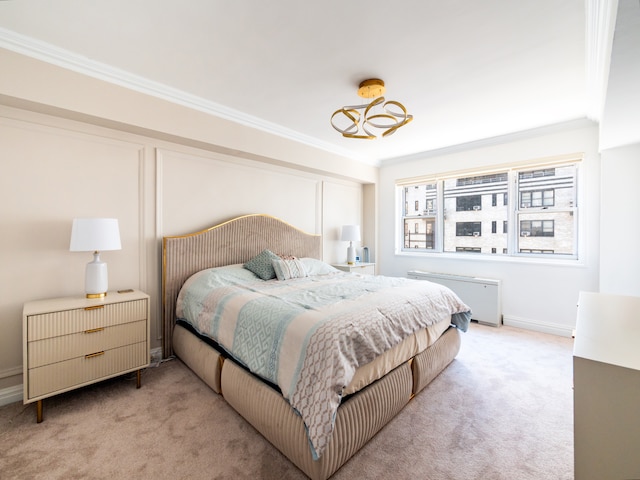bedroom with light colored carpet, crown molding, and radiator heating unit