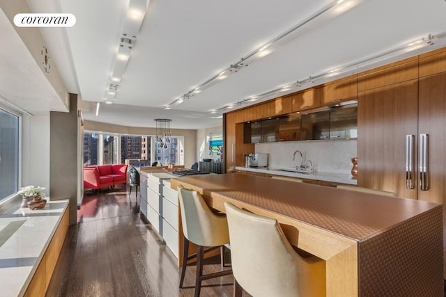 kitchen featuring brown cabinetry, modern cabinets, backsplash, dark wood-type flooring, and a sink