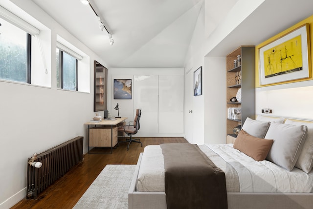 bedroom with wood finished floors, vaulted ceiling, a closet, radiator, and track lighting