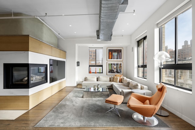 living room with baseboards and wood finished floors