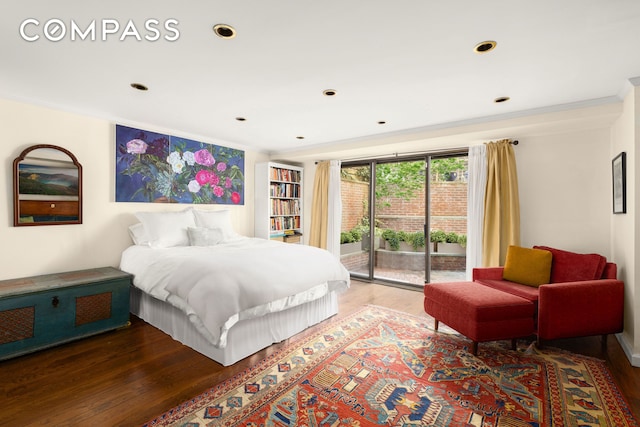 73 Bedford St, New York City, NY 10014 - bedroom with access to outside, wood finished floors, crown molding, and recessed lighting