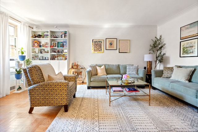 living room featuring radiator and ornamental molding