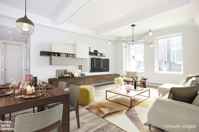 living room featuring an inviting chandelier, baseboard heating, beam ceiling, and wood finished floors