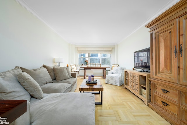 living area featuring crown molding