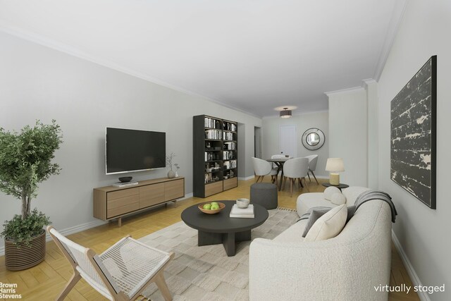 166 E 35th St Unit 10G, New York City, NY 10016 - living area with crown molding and baseboards