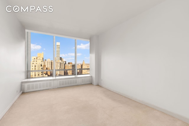 unfurnished room featuring baseboards, a city view, and carpet floors