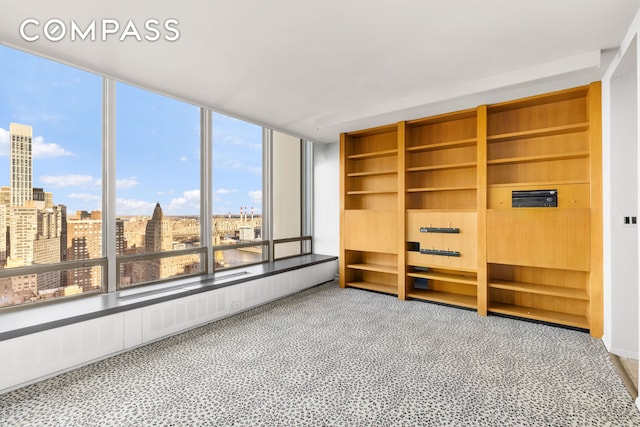 unfurnished bedroom featuring carpet floors, a view of city, and multiple windows