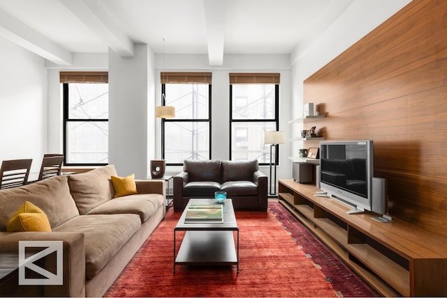 living area featuring a wealth of natural light and beam ceiling