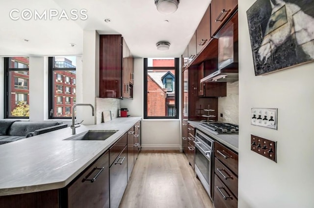 kitchen featuring baseboards, appliances with stainless steel finishes, under cabinet range hood, light wood-style floors, and a sink