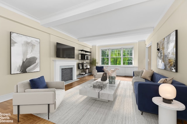 living room with a fireplace with flush hearth, beam ceiling, and crown molding