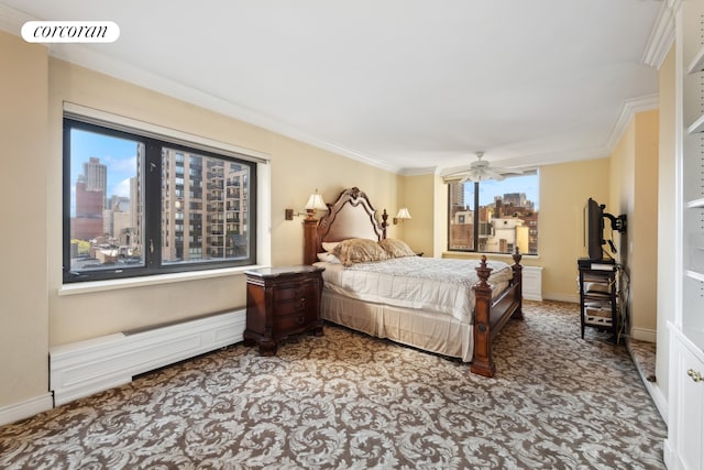 bedroom with ornamental molding, visible vents, a city view, and carpet flooring