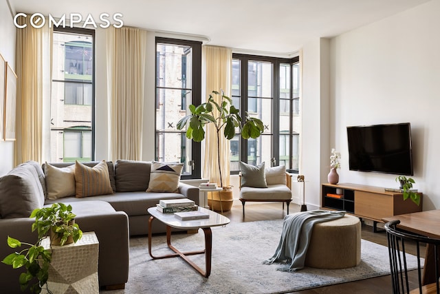 living area with floor to ceiling windows and wood finished floors