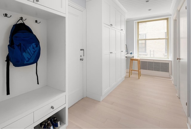 mudroom with light wood-style floors and radiator heating unit