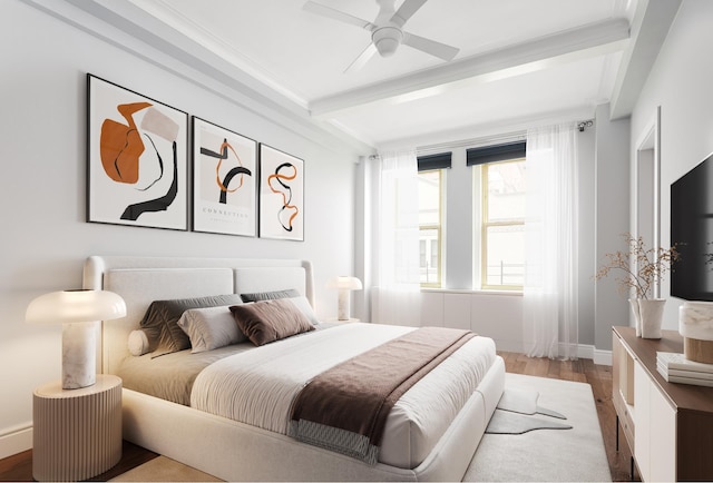 bedroom featuring ceiling fan, baseboards, beamed ceiling, and wood finished floors