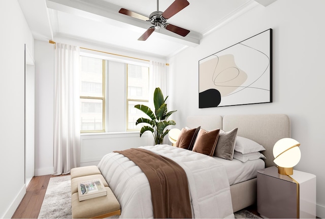 130 E 75th St Unit 5A, New York City, NY 10021 - bedroom featuring wood finished floors, ornamental molding, a ceiling fan, and baseboards