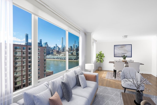 living room featuring ornamental molding, a city view, baseboards, and wood finished floors