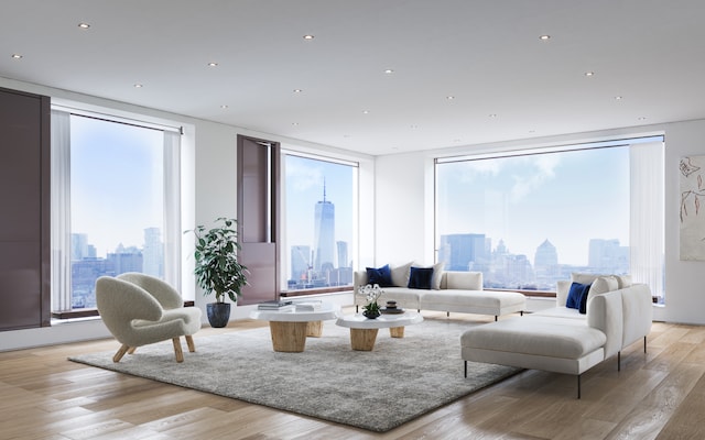 living room with recessed lighting, a city view, and light wood finished floors