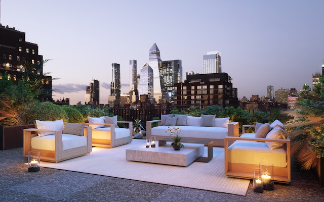 view of patio / terrace with an outdoor hangout area, a view of city, and a wooden deck