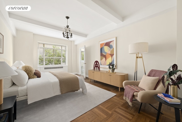 bedroom with a chandelier, visible vents, and beamed ceiling