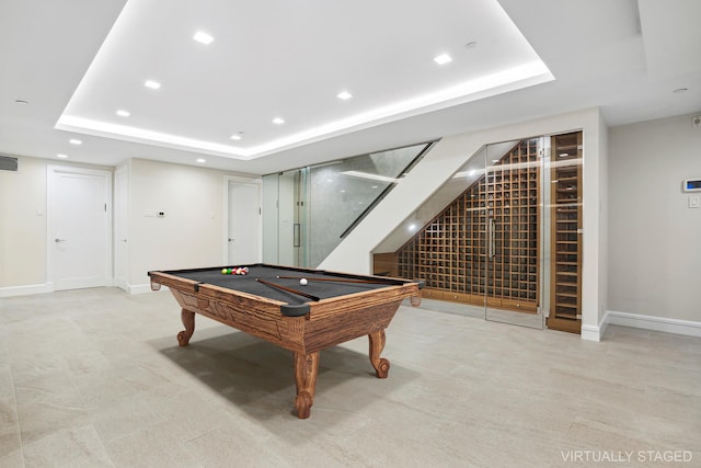 rec room featuring recessed lighting, a raised ceiling, billiards, and baseboards