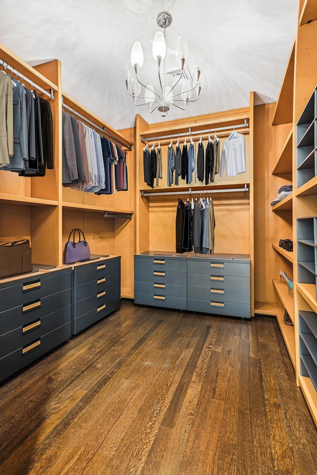 walk in closet featuring dark wood-style floors and an inviting chandelier