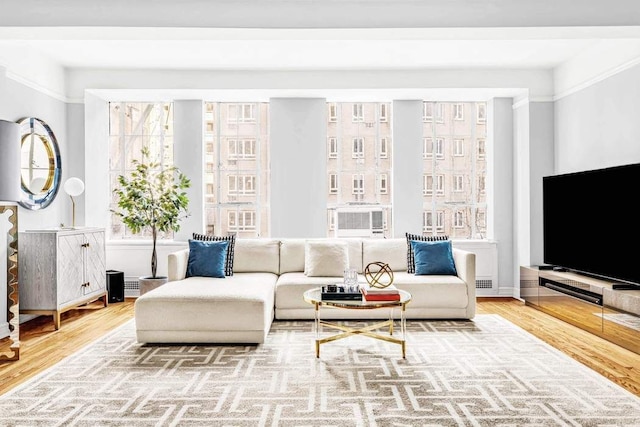 living room featuring cooling unit and wood finished floors