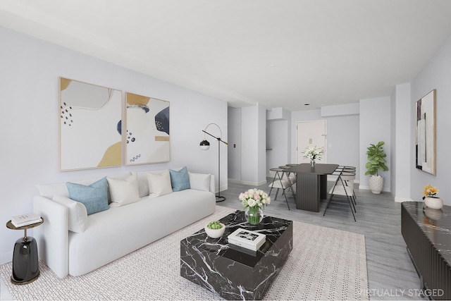 living room featuring wood finished floors and baseboards