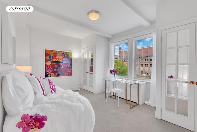 bedroom with carpet, french doors, visible vents, and beamed ceiling