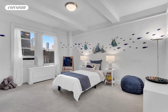 carpeted bedroom with visible vents and beam ceiling