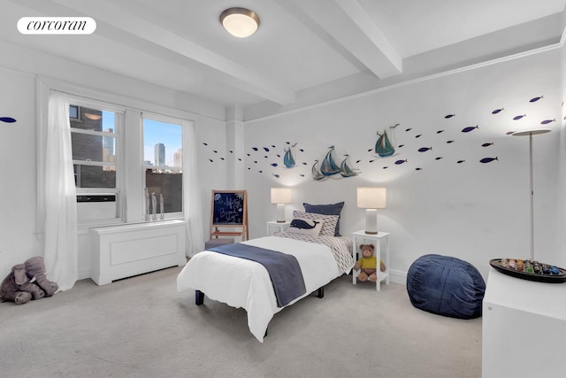 bedroom featuring visible vents, carpet flooring, and beamed ceiling