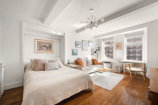 bedroom featuring baseboards, dark wood-type flooring, a wall mounted air conditioner, beam ceiling, and a notable chandelier