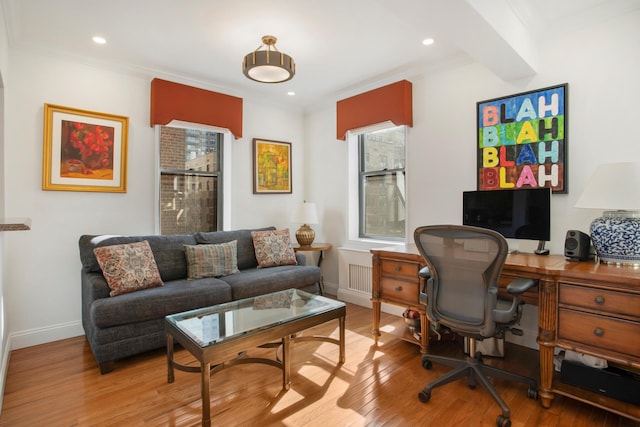 office with ornamental molding, recessed lighting, baseboards, and hardwood / wood-style flooring