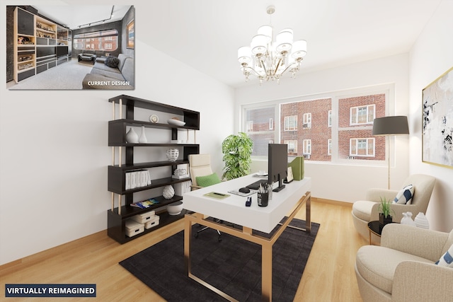 75 E End Ave Unit 19C, New York City, NY 10028 - office area featuring a chandelier and wood finished floors