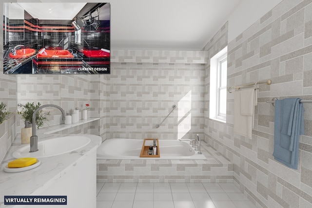 75 E End Ave Unit 19C, New York City, NY 10028 - full bath featuring tile walls, a bath, a sink, tile patterned floors, and decorative backsplash