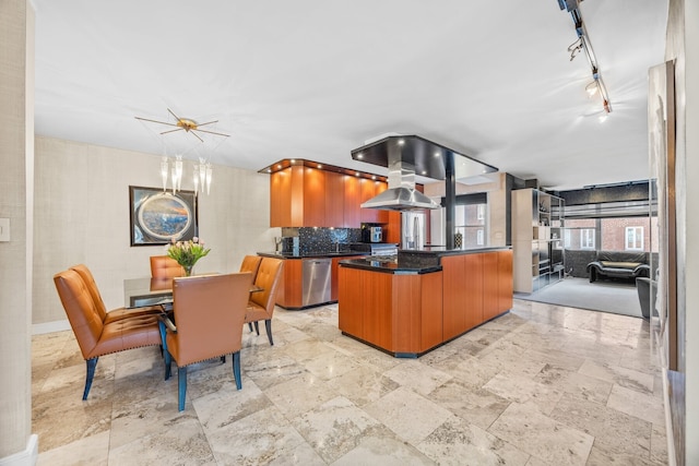 75 E End Ave Unit 19C, New York City, NY 10028 - kitchen featuring stainless steel dishwasher, island range hood, dark countertops, rail lighting, and brown cabinetry