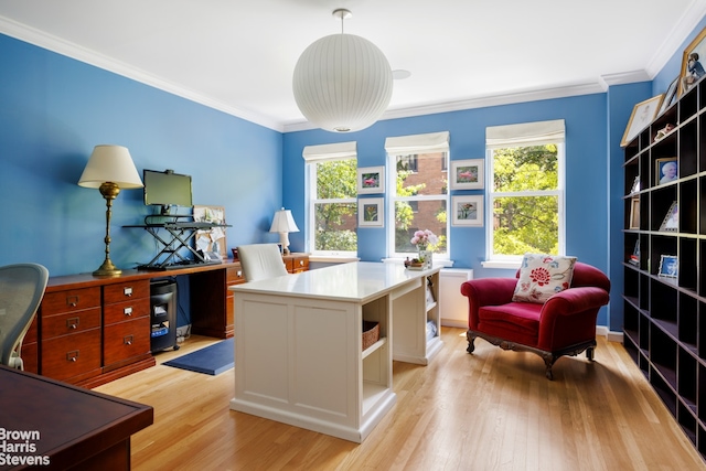 office area with ornamental molding and light wood-style flooring