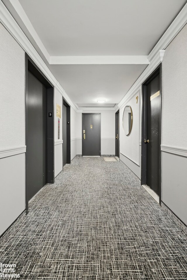 unfurnished room with elevator, carpet, and ornamental molding