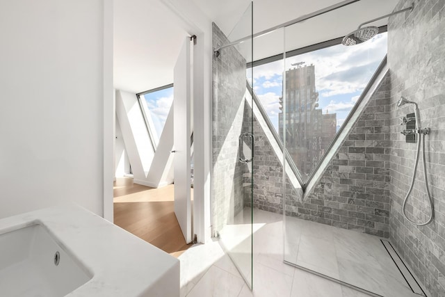 bathroom featuring a view of city, a sink, and a shower stall