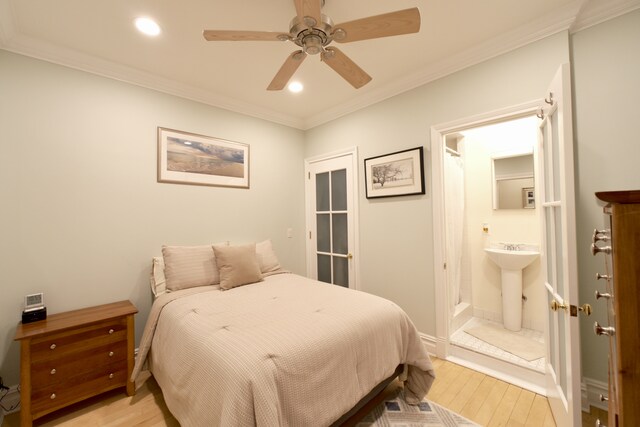 311 W 97th St Unit 2W, New York City, NY 10025 - bedroom featuring recessed lighting, light wood-style floors, crown molding, and connected bathroom