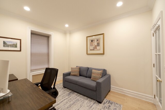 311 W 97th St Unit 2W, New York City, NY 10025 - office area with recessed lighting, light wood-style floors, baseboards, and ornamental molding